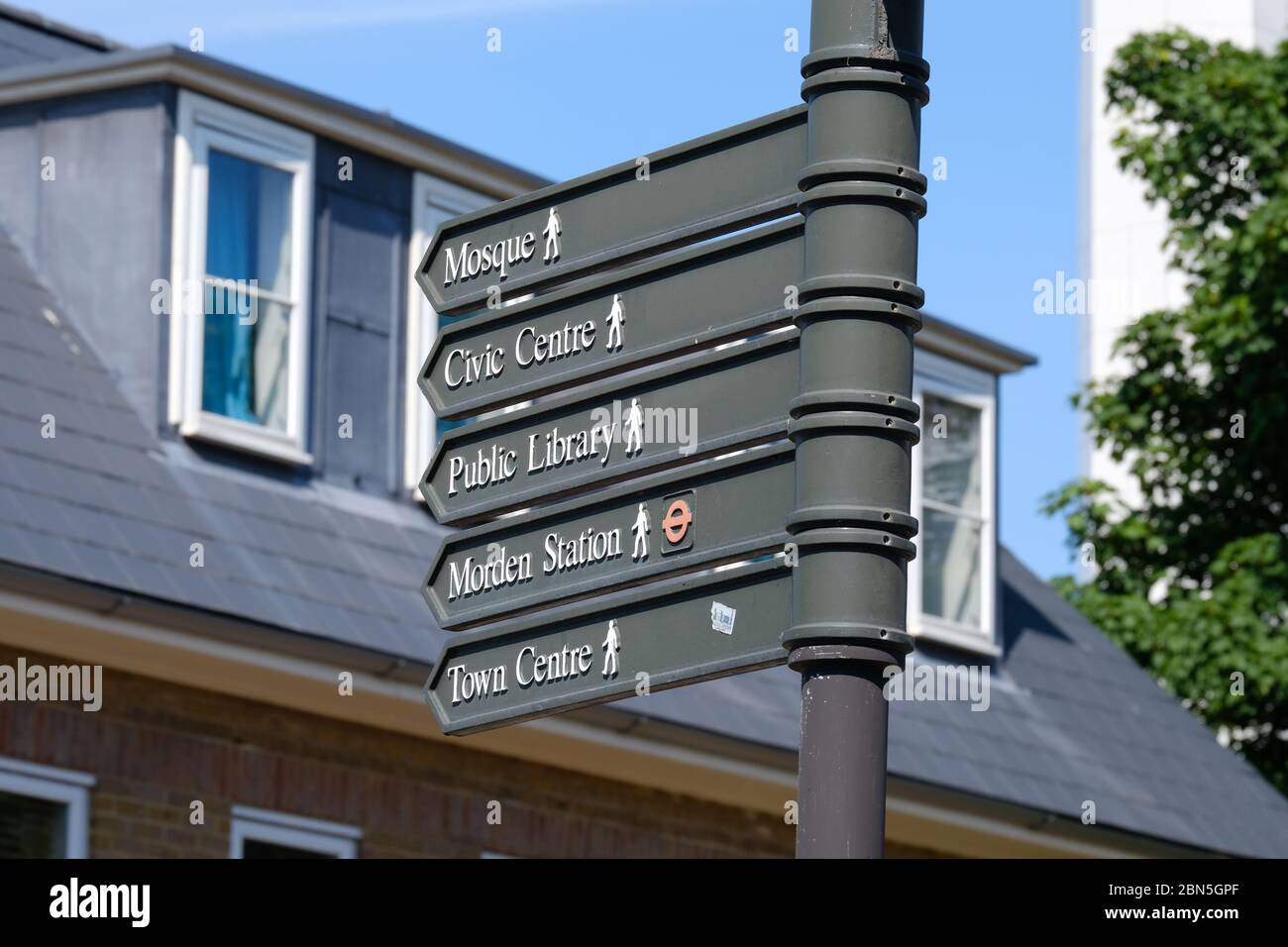 Signpost in Morden, South West London indicating direction of the town centre. Morden is last stop on the southern end on the Northern line. Stock Photo
