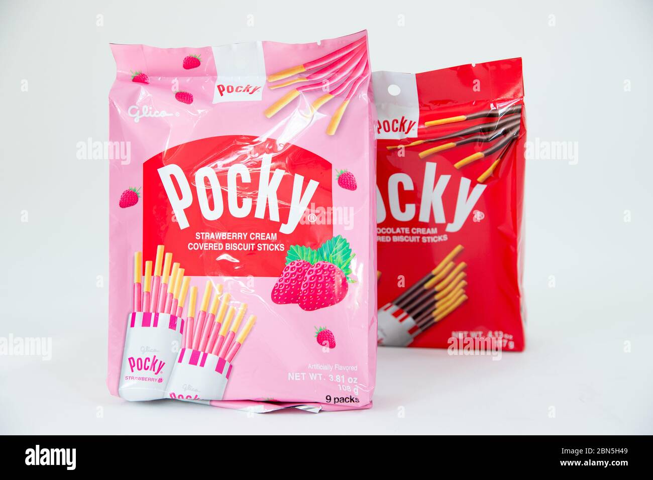 Princeton New Jersey May 12 2020: Pocky brand of chocolate sticks on white background. Pocky is a famous confectionery among Asian people. Stock Photo
