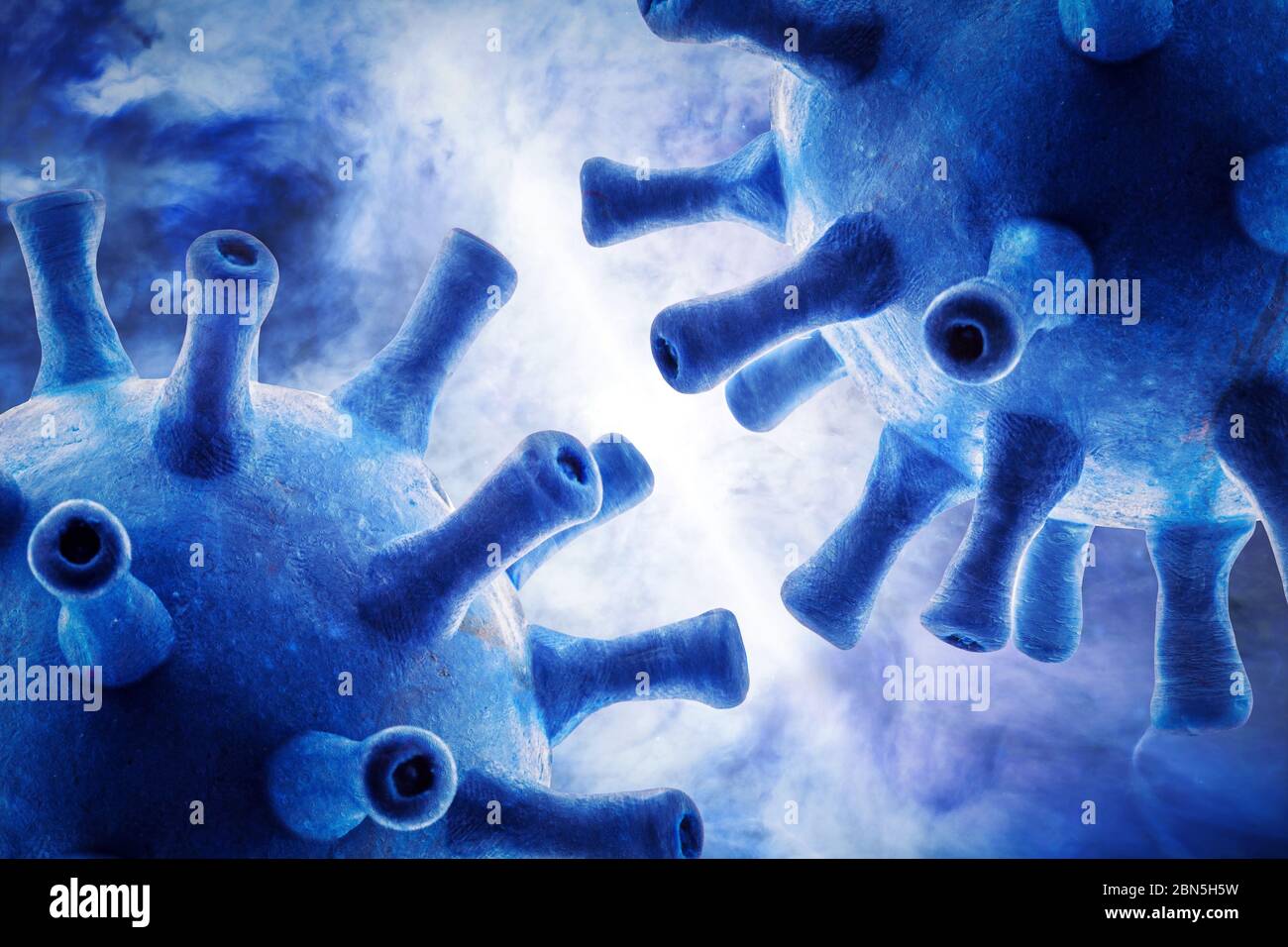 Coronavirus or flu germs on blue background, 3d illustration, macro view of SARS-CoV-2 corona virus inside cell. Concept of science technology, COVID- Stock Photo