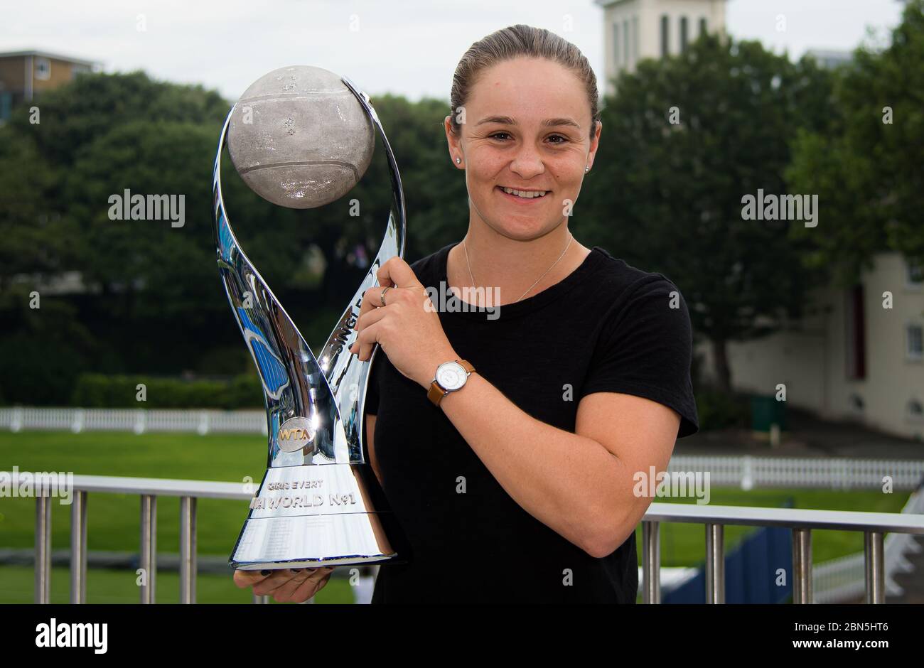 Ashleigh Barty of Australia poses with the Chris Evert World No.1 trophy ahead of the 2019 Nature Valley International WTA Premier tennis tournament Stock Photo