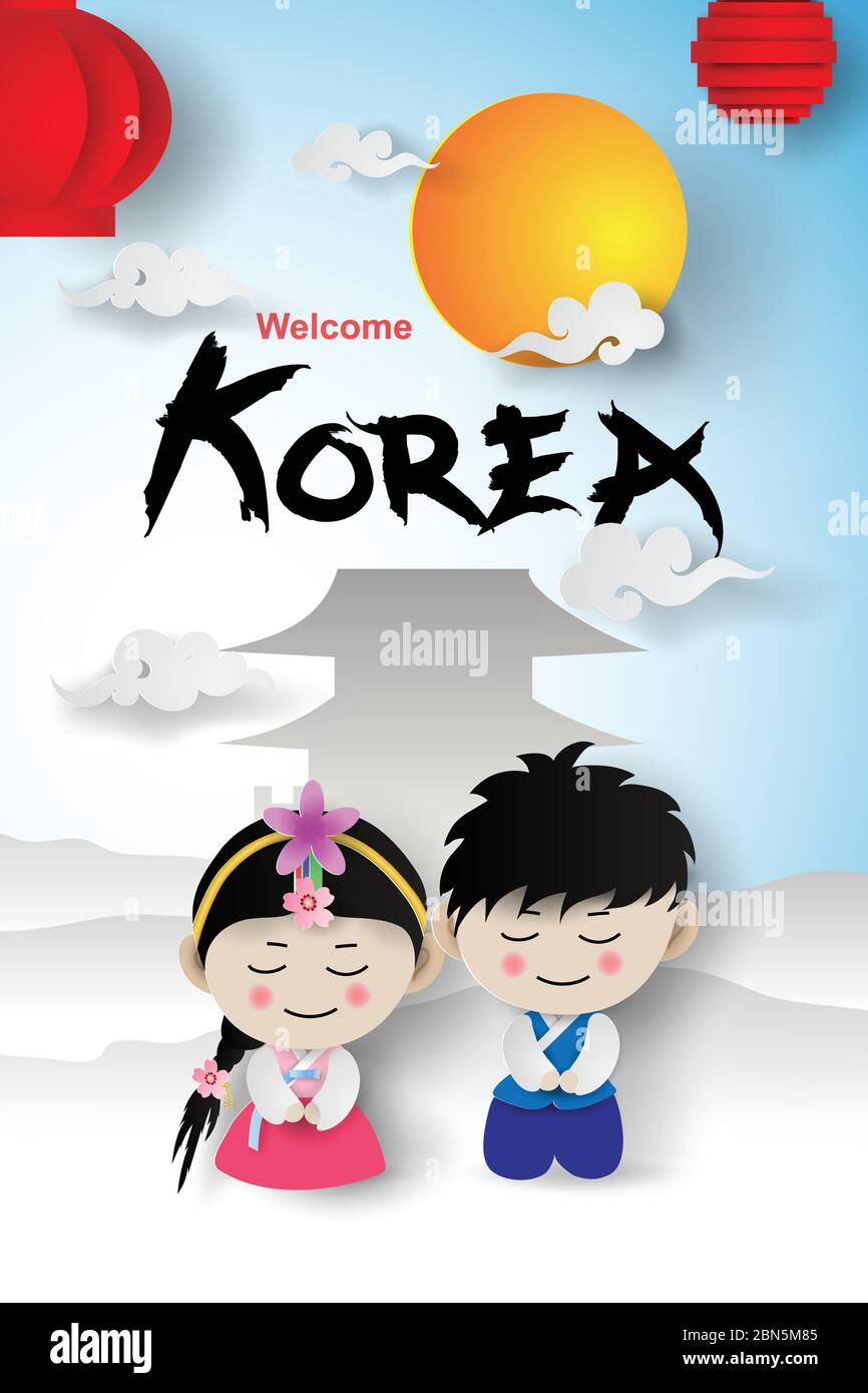 Welcome Travel tourism.Korea traditional cute boy and girl in Korean costume  with landmarks mountain palace scene place for your text.Paper cut and c Stock Vector