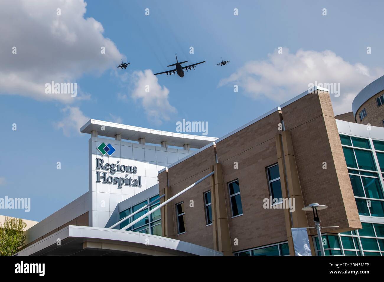 St. Paul, Minnesota.  The Minnesota Air National Guard salutes frontline workers at Minnesota hospitals with a flyover. Stock Photo