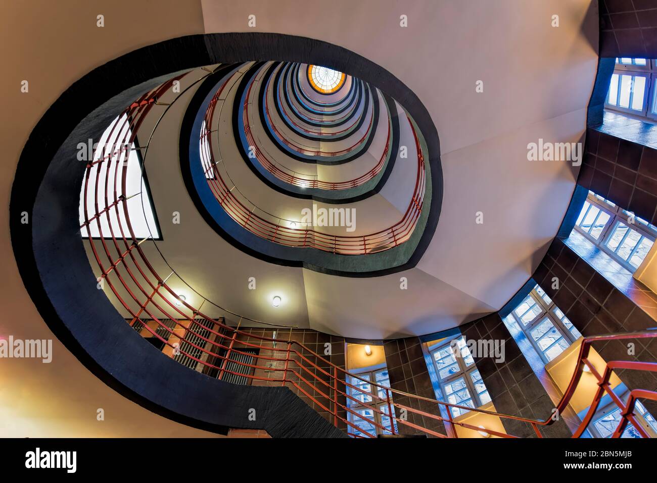 Spiral staircase from below, Sprinkenhof, interior view, Kontorhausviertel, Hamburg, Germany Stock Photo