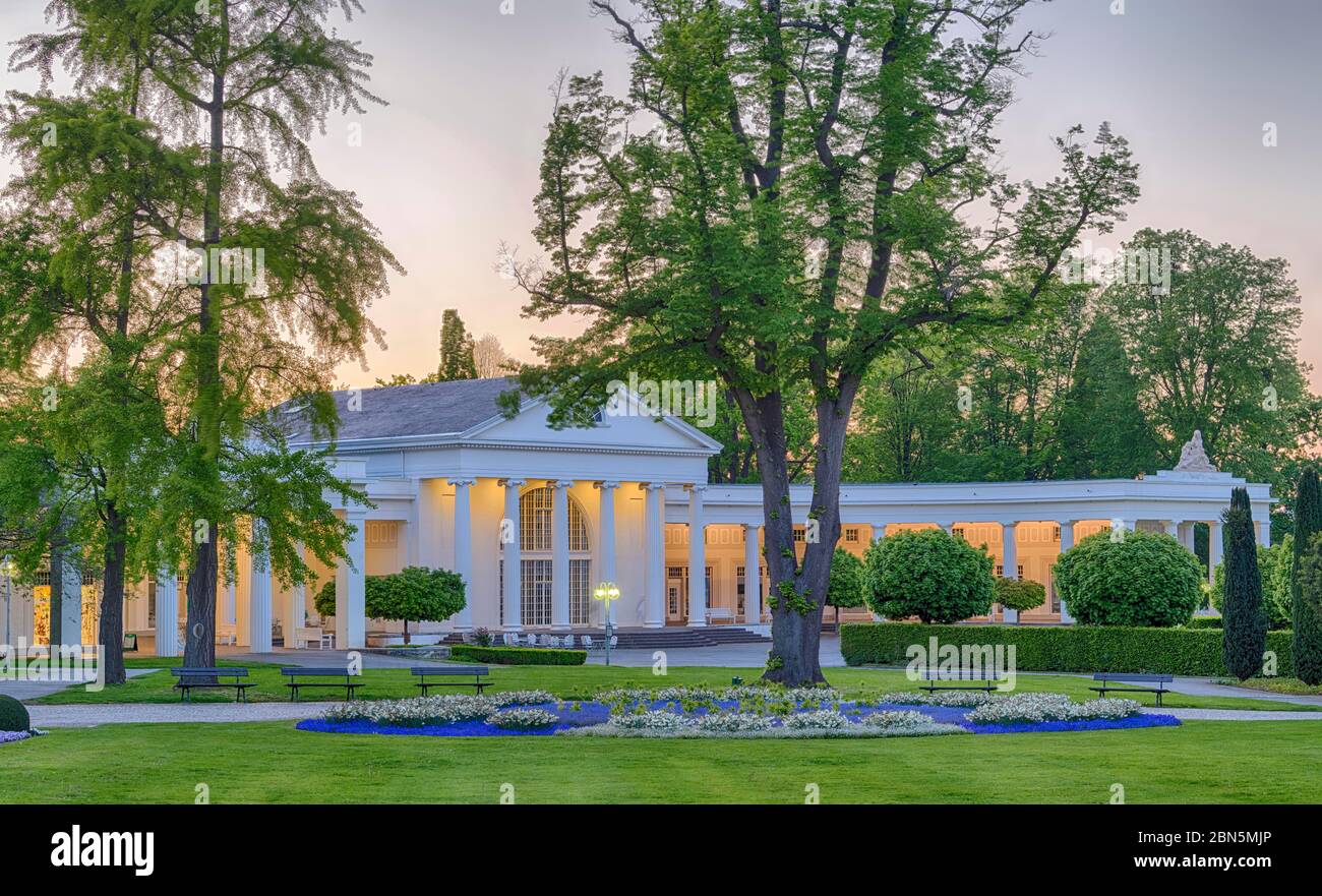 Illuminated spa gardens, foyer from ca 1853, Bad Oeynhausen, Germany Stock Photo