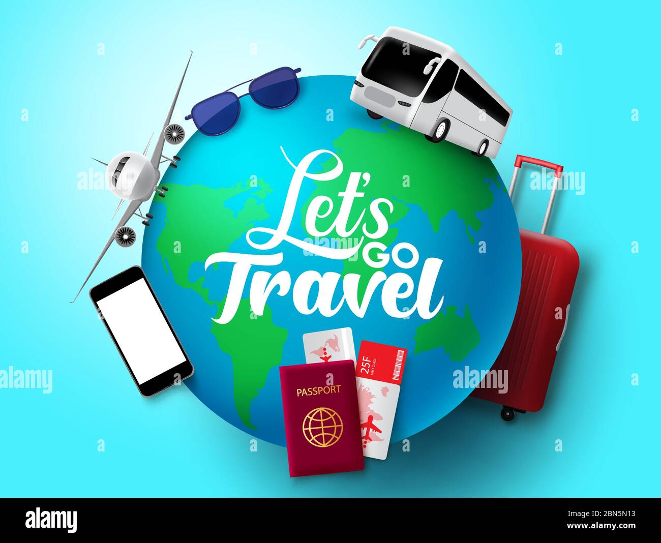 Let's go travel vector concept design. Let's go travel text in globe ...