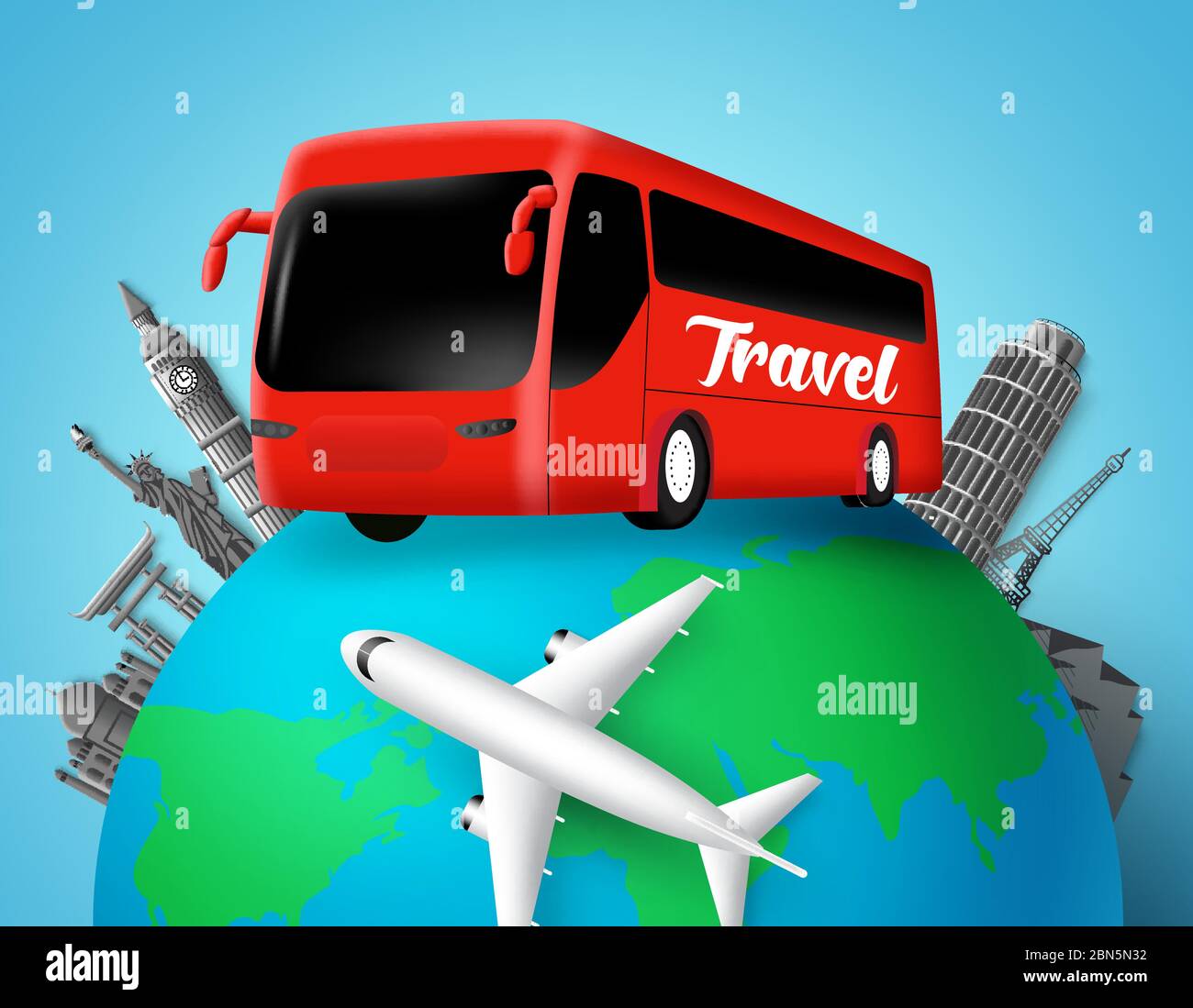 Travel bus vector design. Travel text in transportation bus with globe element and world famous country landmarks destination for world trip and tour. Stock Vector