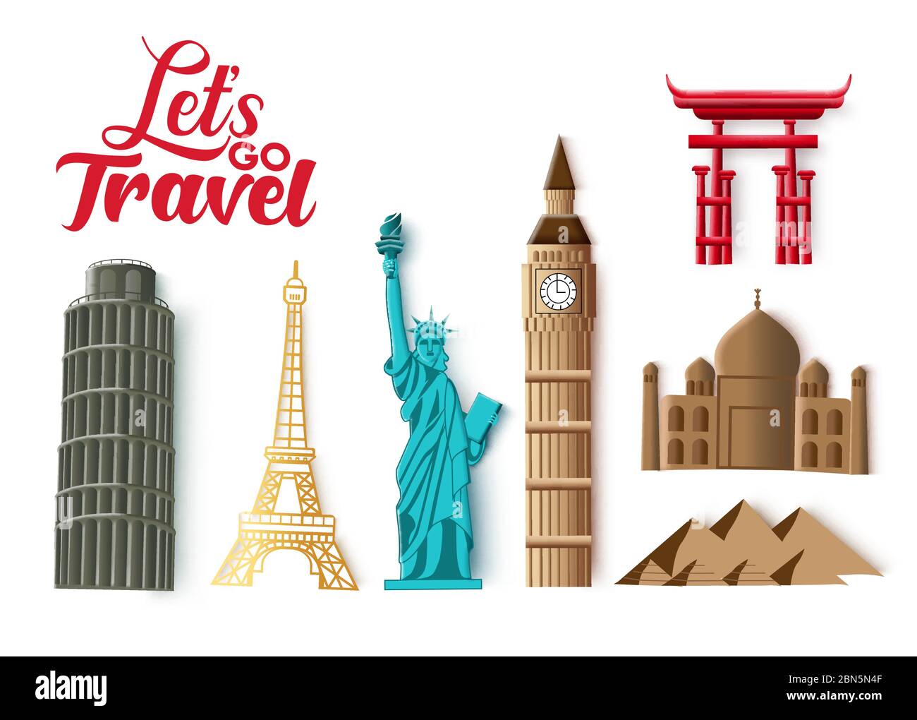 Travel landmarks vector set. Let's go travel typography and world famous and popular country landmark destination for tourism isolated. Stock Vector