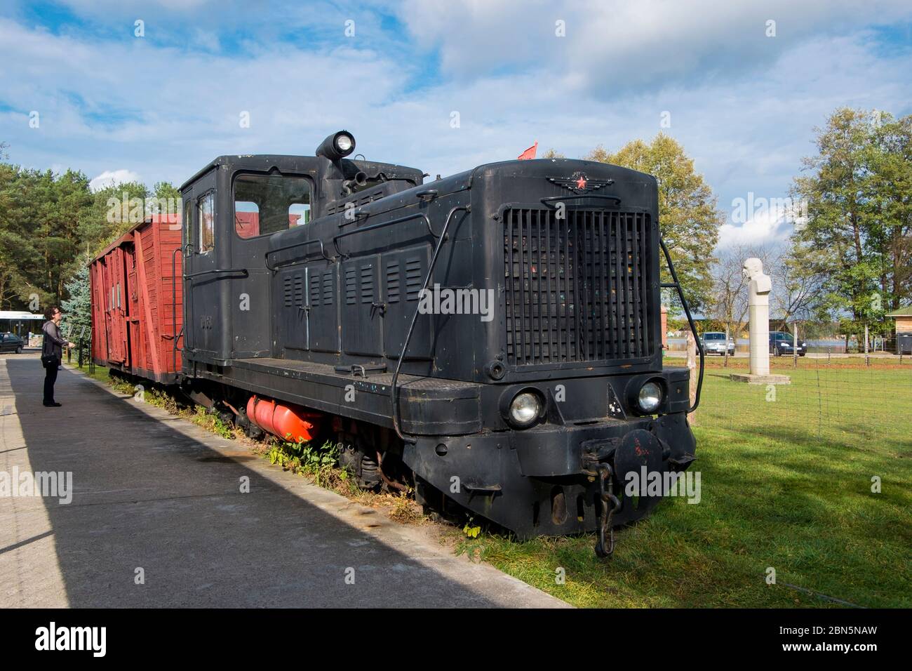 An old, decommissioned Soviet, USSR locomotive at the entrance. At Gruto Parkas near Druskininkai, Lithuania. Stock Photo