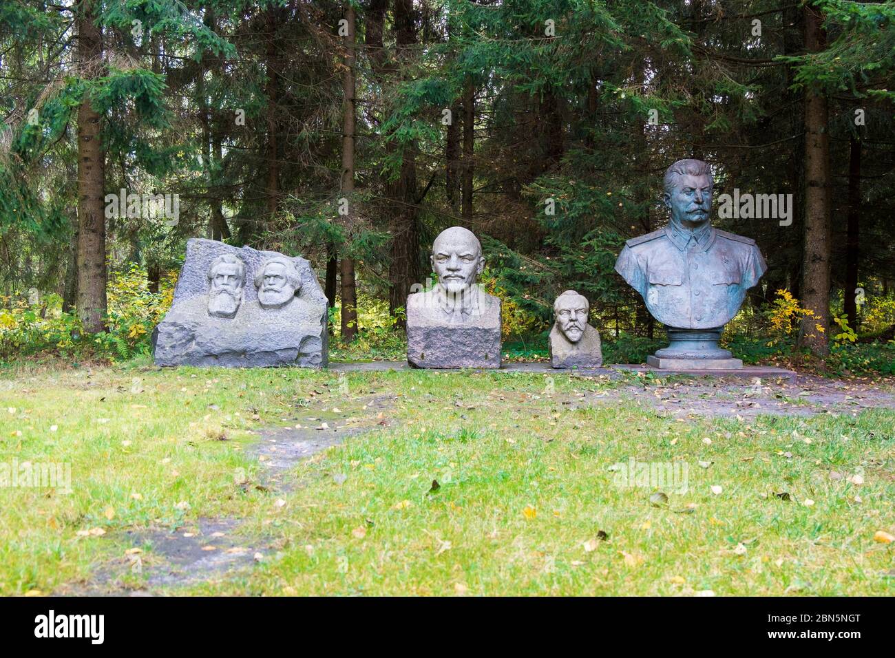 A bust sculpture lineup of various communist leaders. Engels, Marx, Lenin, unknown, Stalin. At Gruto Parkas near Druskininkai, Lithuania. Stock Photo