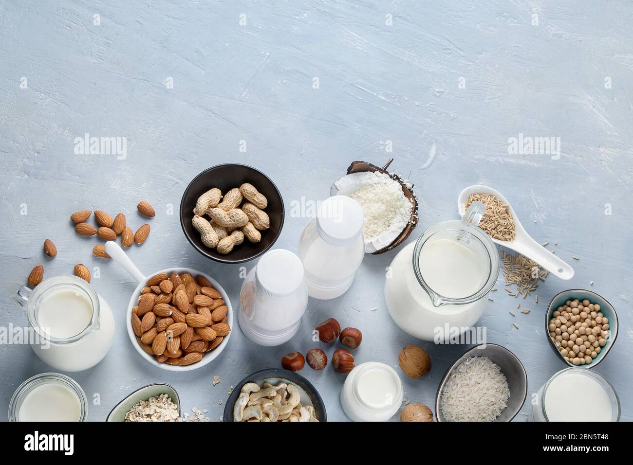 Various vegan plant based milk and ingredients. Dairy free milk