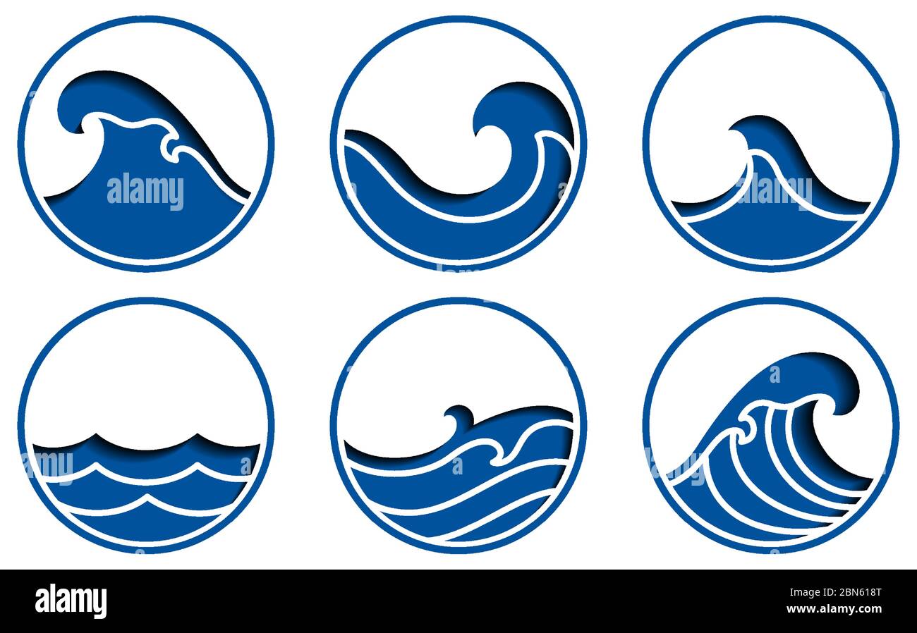 Ocean wave icons vector.Blue sea line paper cut sign. Stock Vector