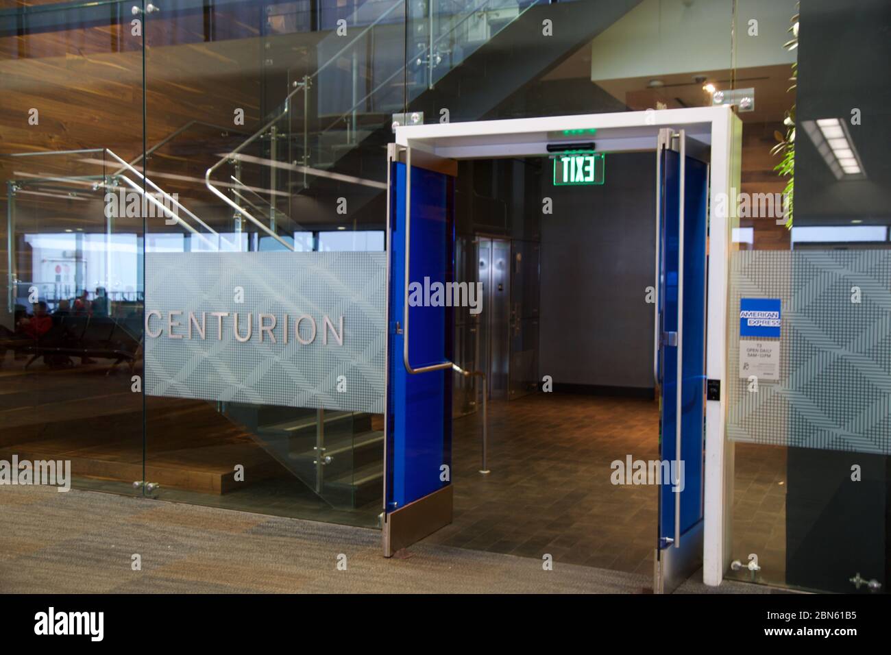 SAN FRANCISCO, CALIFORNIA, UNITED STATES - NOV 27th, 2018: Entrance of the American Express Centurion Lounge at the San Francisco Airport SFO Stock Photo