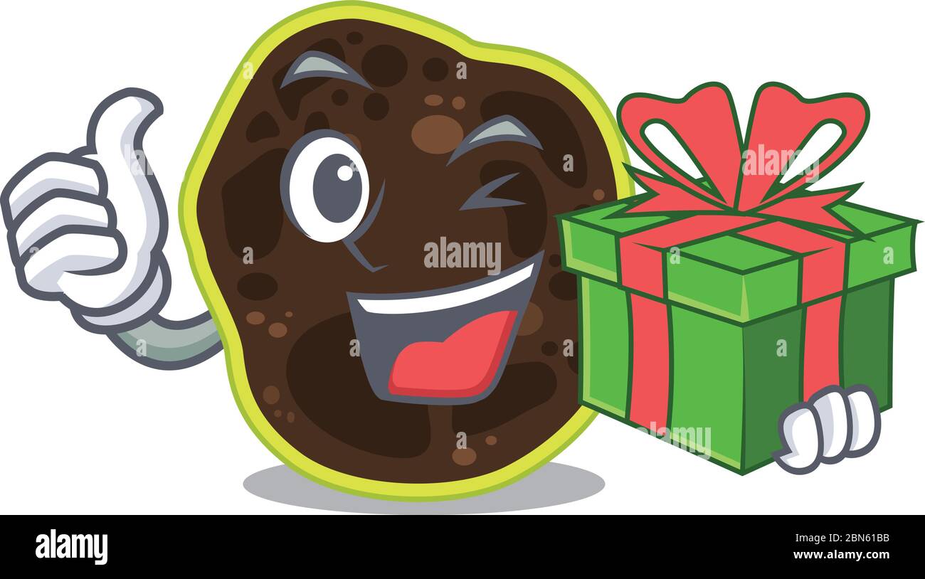 joyful firmicutes cartoon character with a big gift box Stock Vector