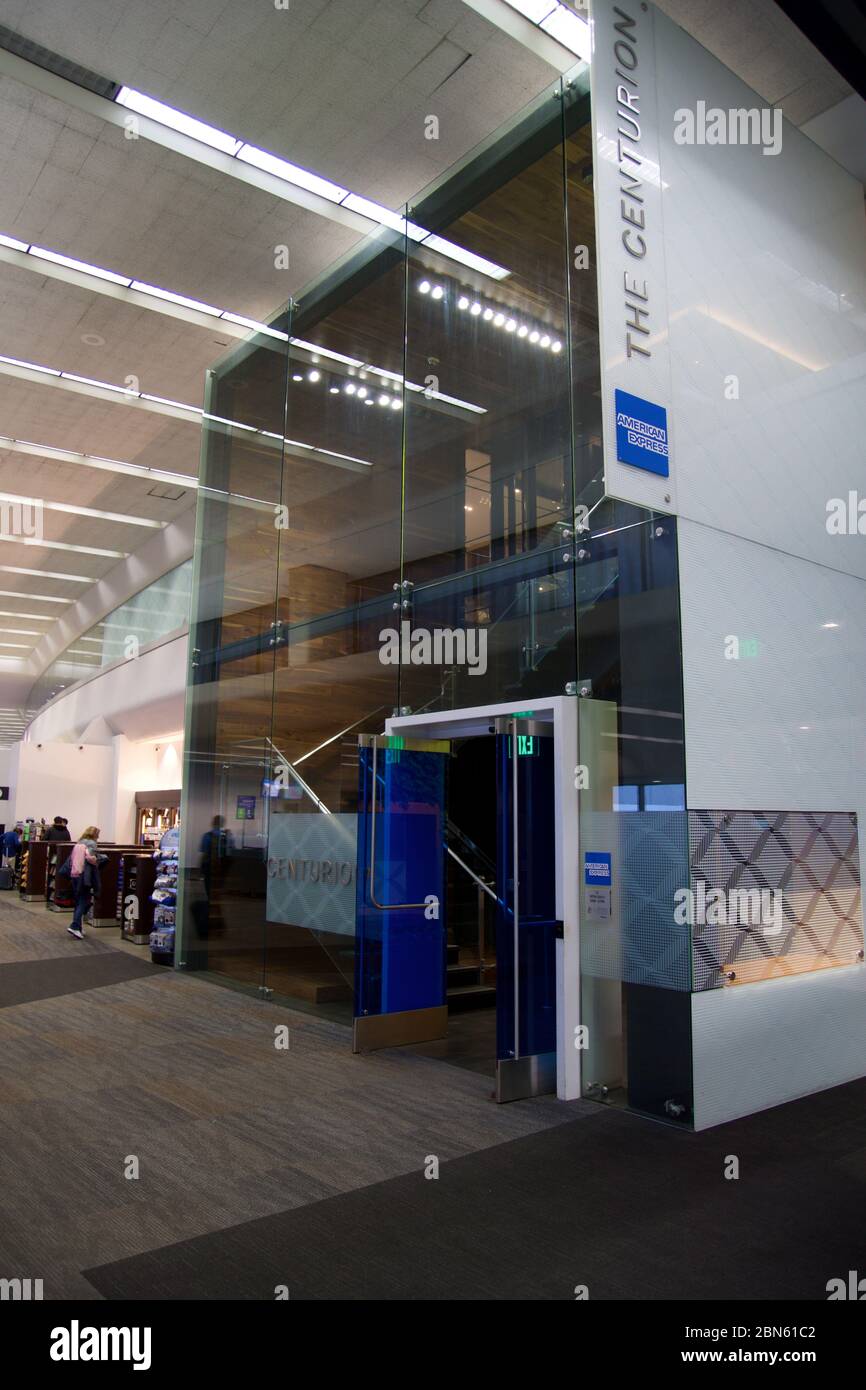 SAN FRANCISCO, CALIFORNIA, UNITED STATES - NOV 27th, 2018: Entrance of the American Express Centurion Lounge at the San Francisco Airport SFO Stock Photo