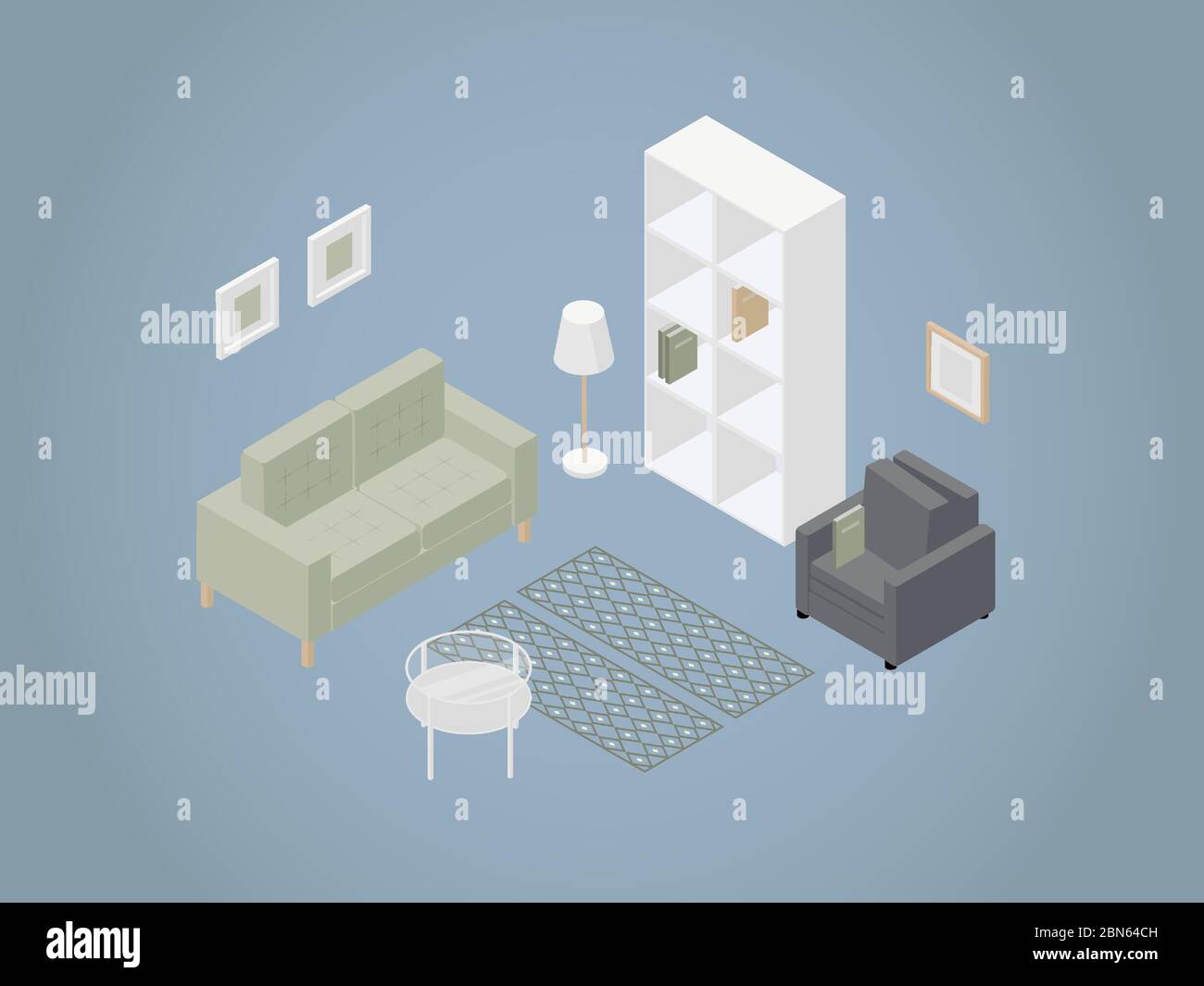 Vector illustration of a living room concept. Isometric furniture set ...