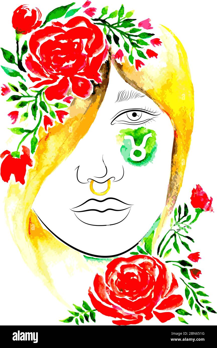 Watercolor woman portrait with pink flowers. Taurus zodiac sign. Vector