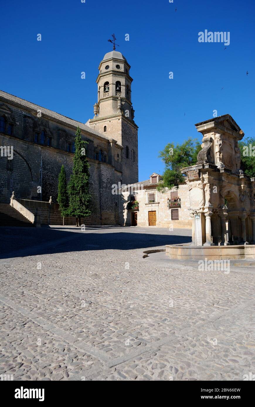View of the Cathedral with the Santa Maria fountain to the right in the Santa Maria Plaza, Baeza, Jaen Province, Andalucia, Spain, Western Europe Stock Photo