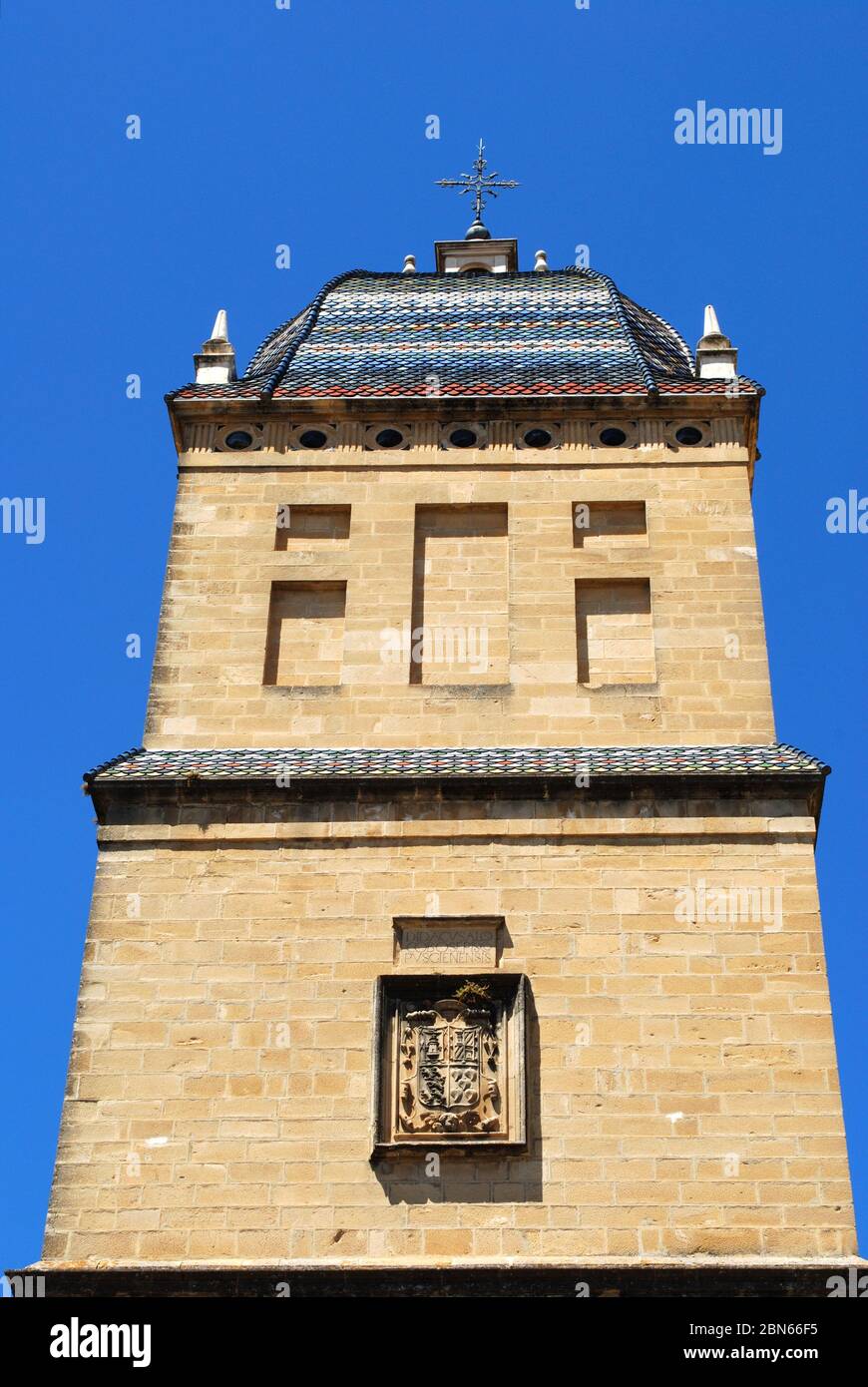 Santiago Hoispital (Hospital de Santiago) tower with ceramic tiled dome, Ubeda, Jaen Province, Andalusia, Spain, Western Europe. Stock Photo
