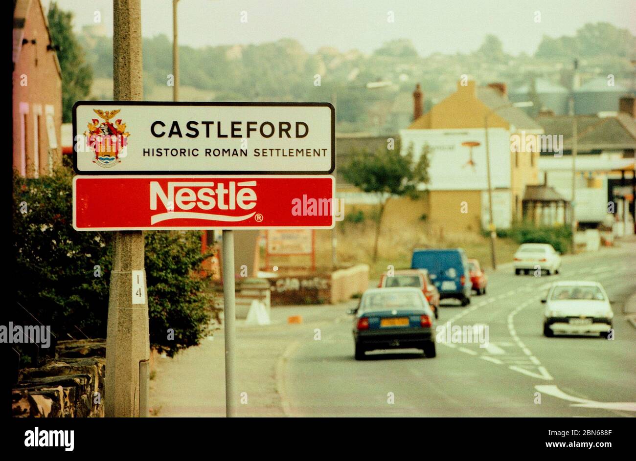 Road sign for Castleford, west Yorkshire, northern England, in 1997, shot on film & cross processed Stock Photo