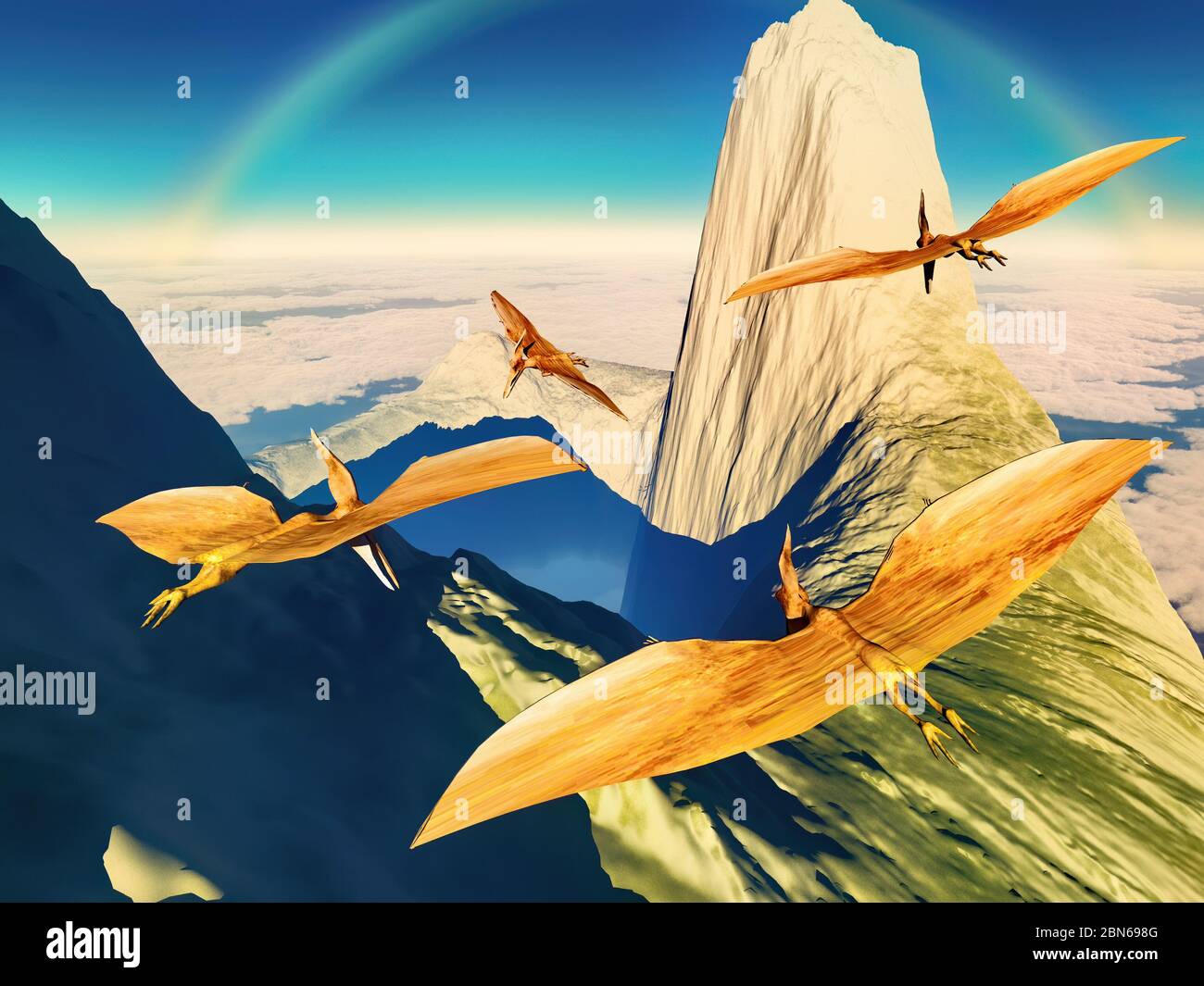 Flying pterodactyl against the volcanic crrater 3d illustration Stock Photo