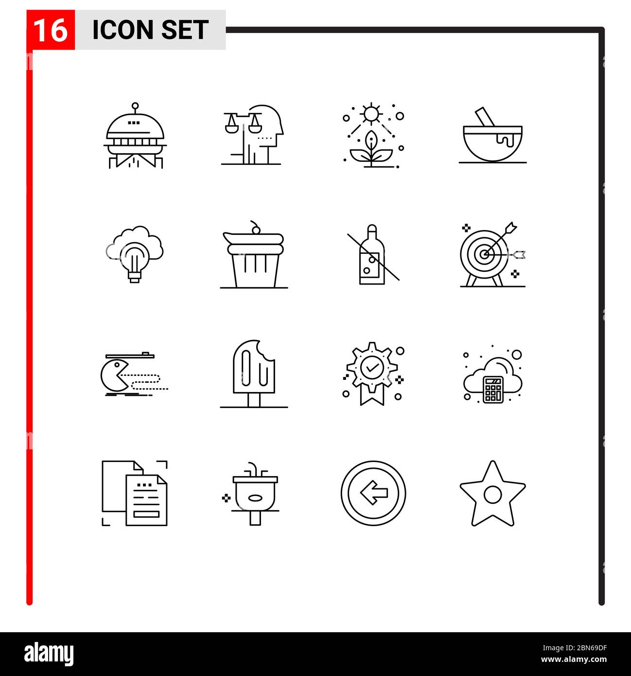 Set of 16 Modern UI Icons Symbols Signs for light, food, direct, food, bowl Editable Vector Design Elements Stock Vector