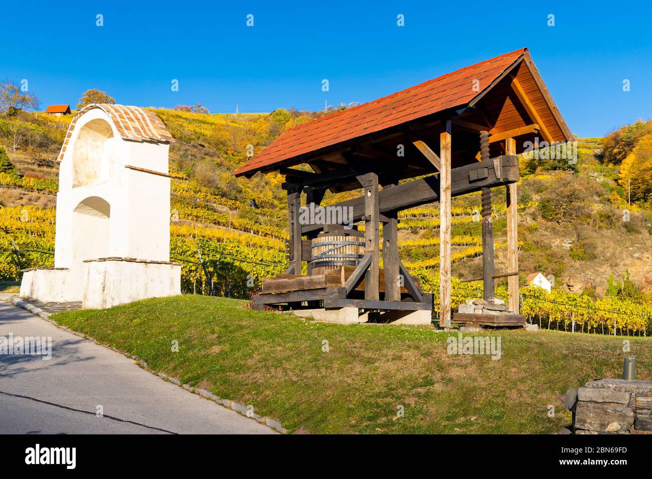 wine region Wachau at wine harvest time in Austria Stock Photo