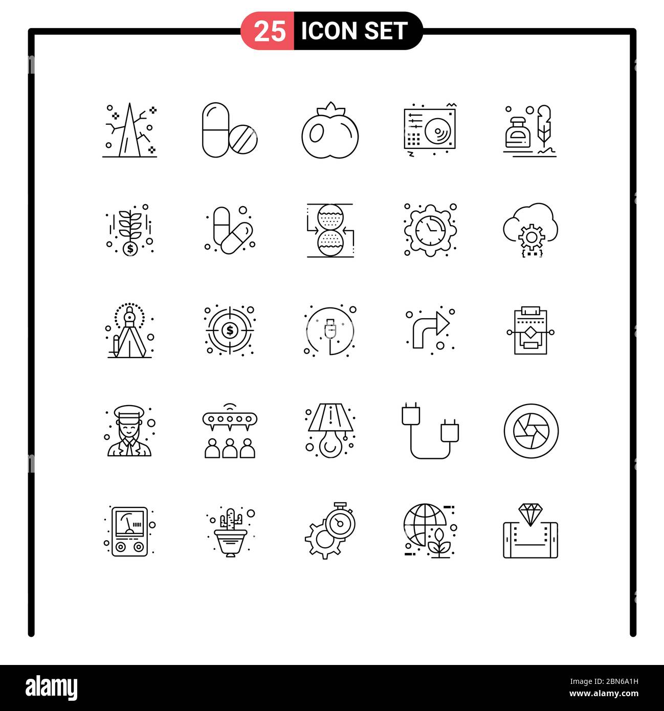 Mobile Interface Line Set of 25 Pictograms of erite, song, food, player, audio Editable Vector Design Elements Stock Vector