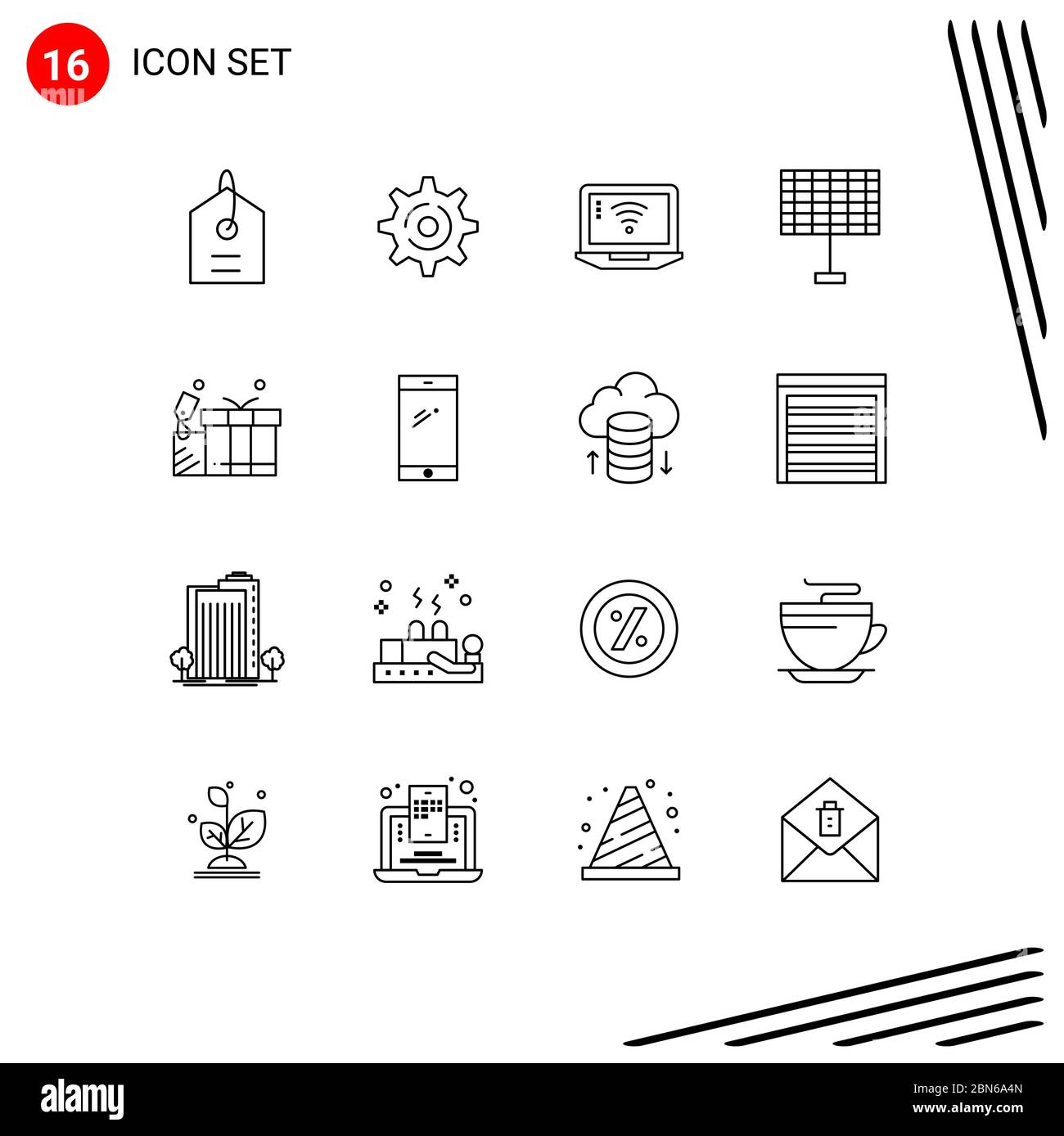 Set of 16 Vector Outlines on Grid for phone, love, signal, tag, solar Editable Vector Design Elements Stock Vector