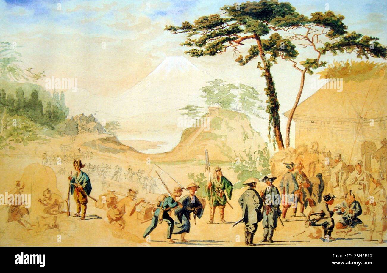 Japan: 'Bakufu Troops near Mount Fuji in 1867'. Painting by Jules