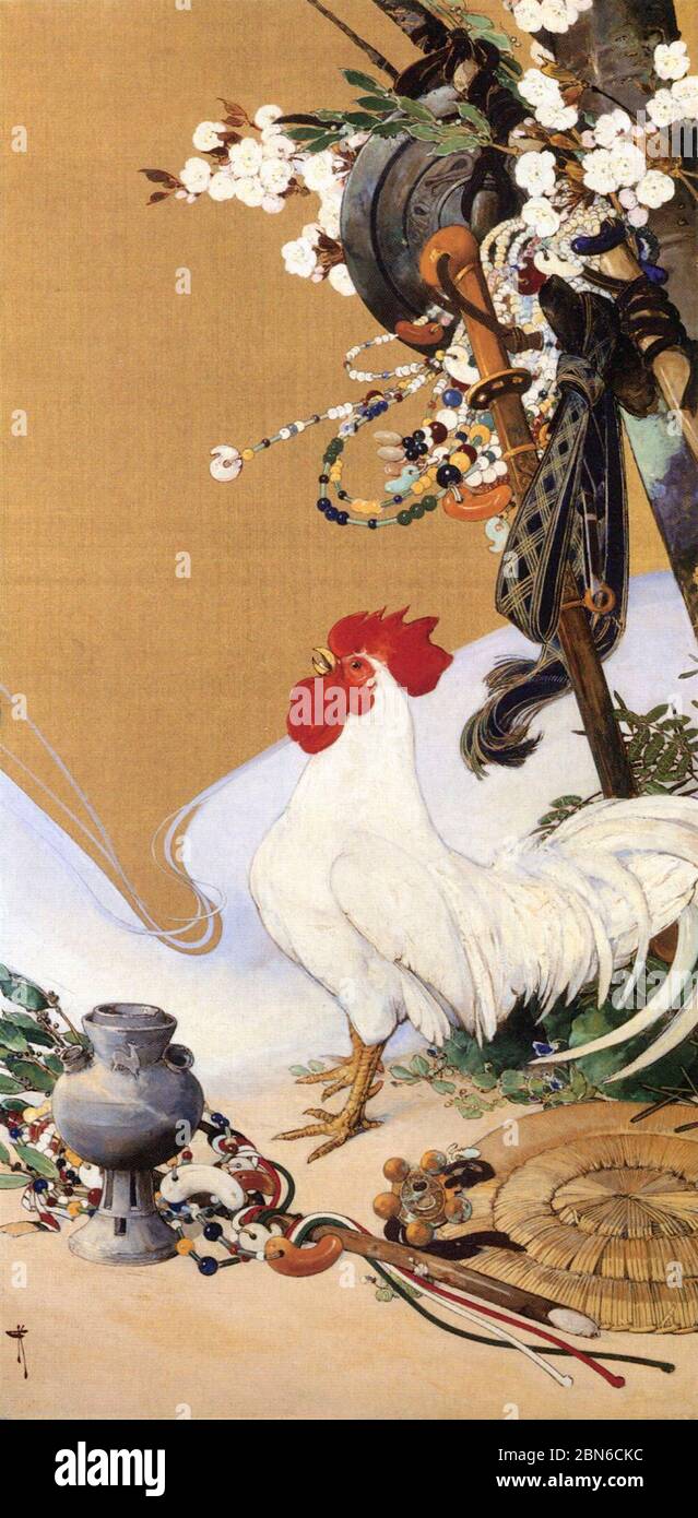 'Founding of the Nation / Le Coq Blanc (The White Rooster)'. Oil and gold on textile painting by Kawamura Kiyoo (1852-1934), 1929.  Kawamura Kiyoo (18 Stock Photo