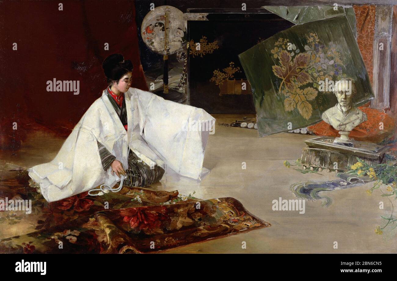 Japan: 'Summer Airing'. Oil on canvas painting by Kawamura Kiyoo (1852-1934), c. 1890.  Kawamura Kiyoo (1852-1934) was a Japanese painter from Edo. He Stock Photo