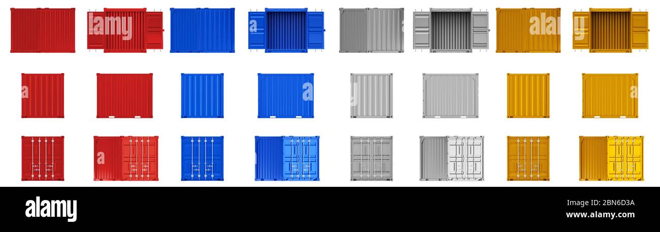 A high quality image of 10ft shipping containers on a white background with clipping path. Set Ten foot sea shipping containers 3d render Stock Photo