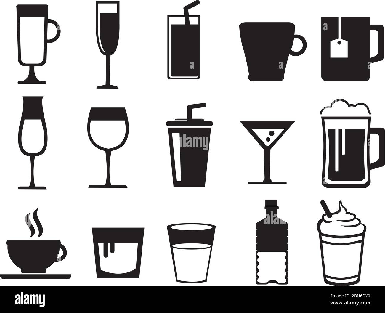 Black and white vector icon set of drinks in variety of glasses and ...