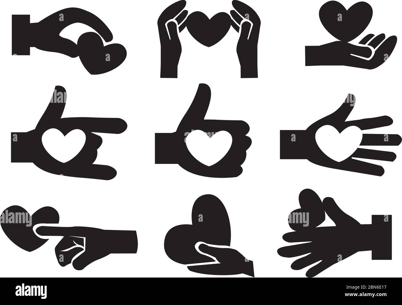 Vector illustration of heart in hand icons. Isolated black and white ...