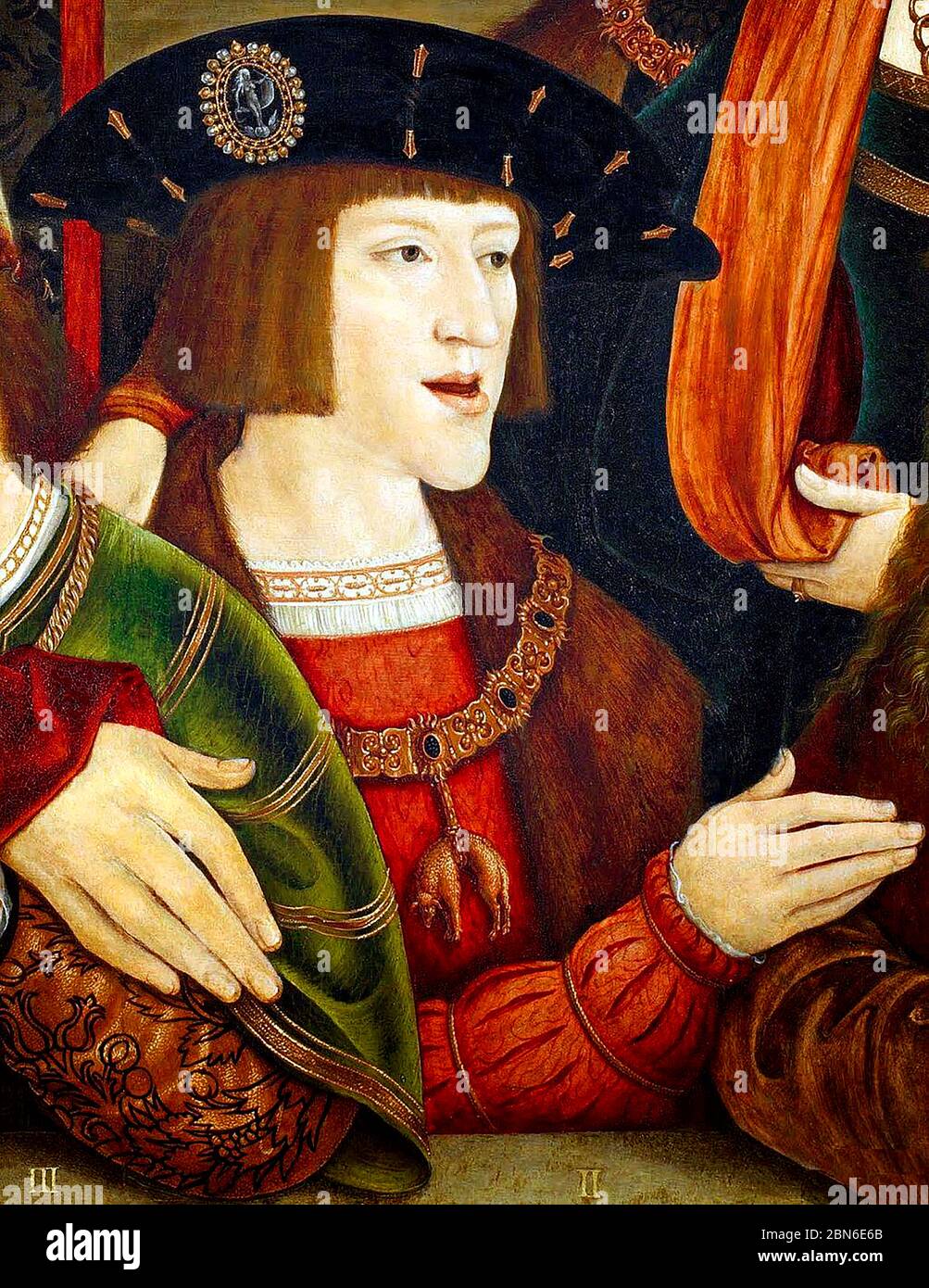 Germany / Spain: Detail of a portrait of a young Charles V (1500-1558), 30th Holy Roman emperor, oil on wood painting by Bernhard Strigel (1461-1528), Stock Photo