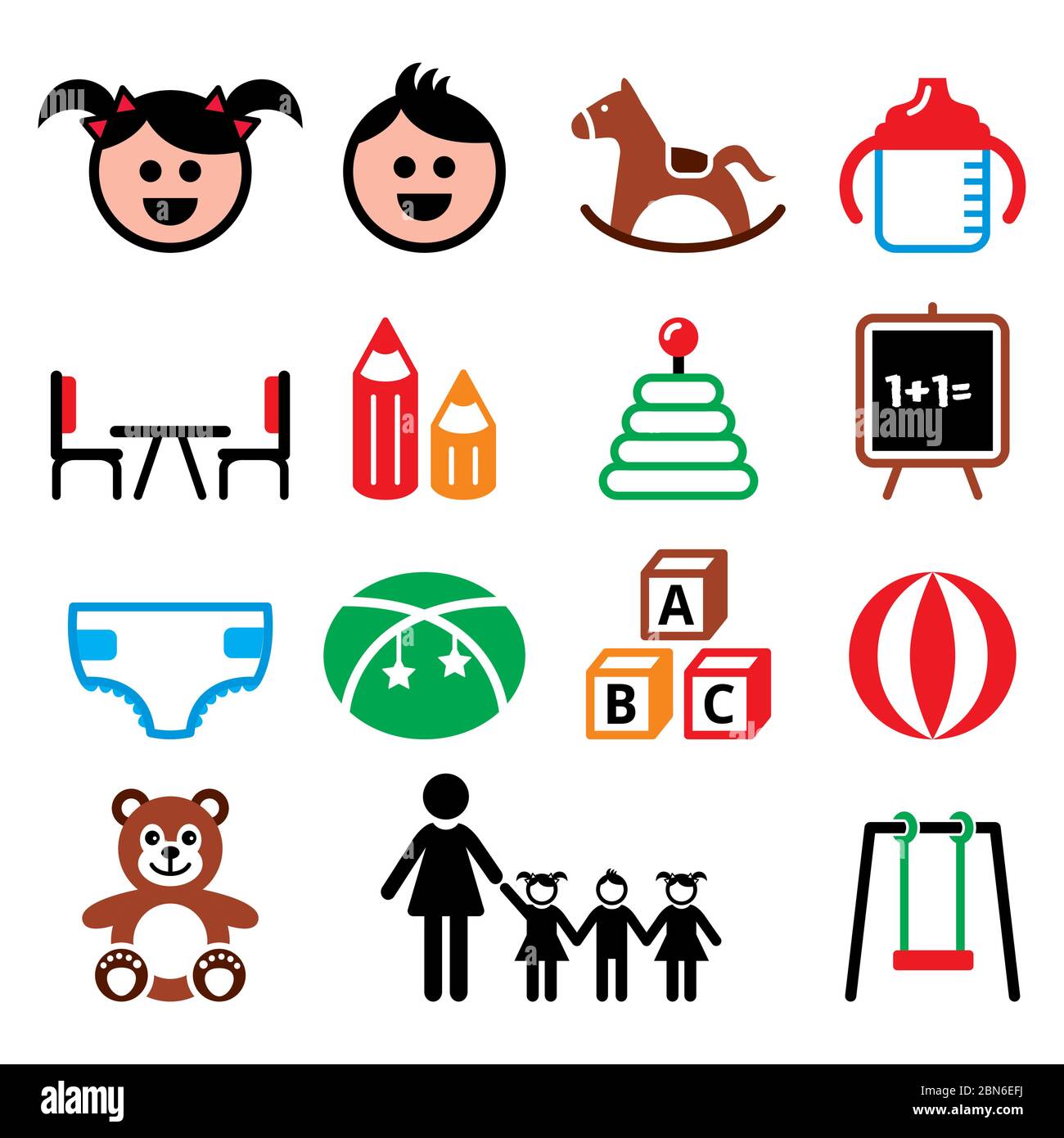 Kindergarten, nursery, preschool children color icons set    Babies and kids in creche or kindergarten vector icons set isolated on white Stock Vector