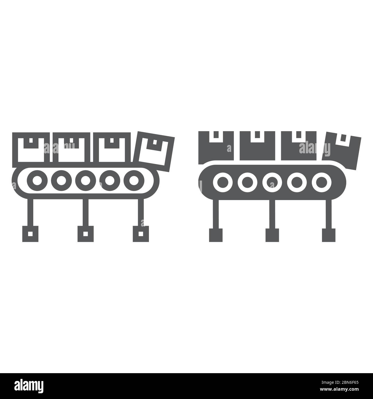 Conveyor belt with cardboard boxes line and glyph icon, logistic and