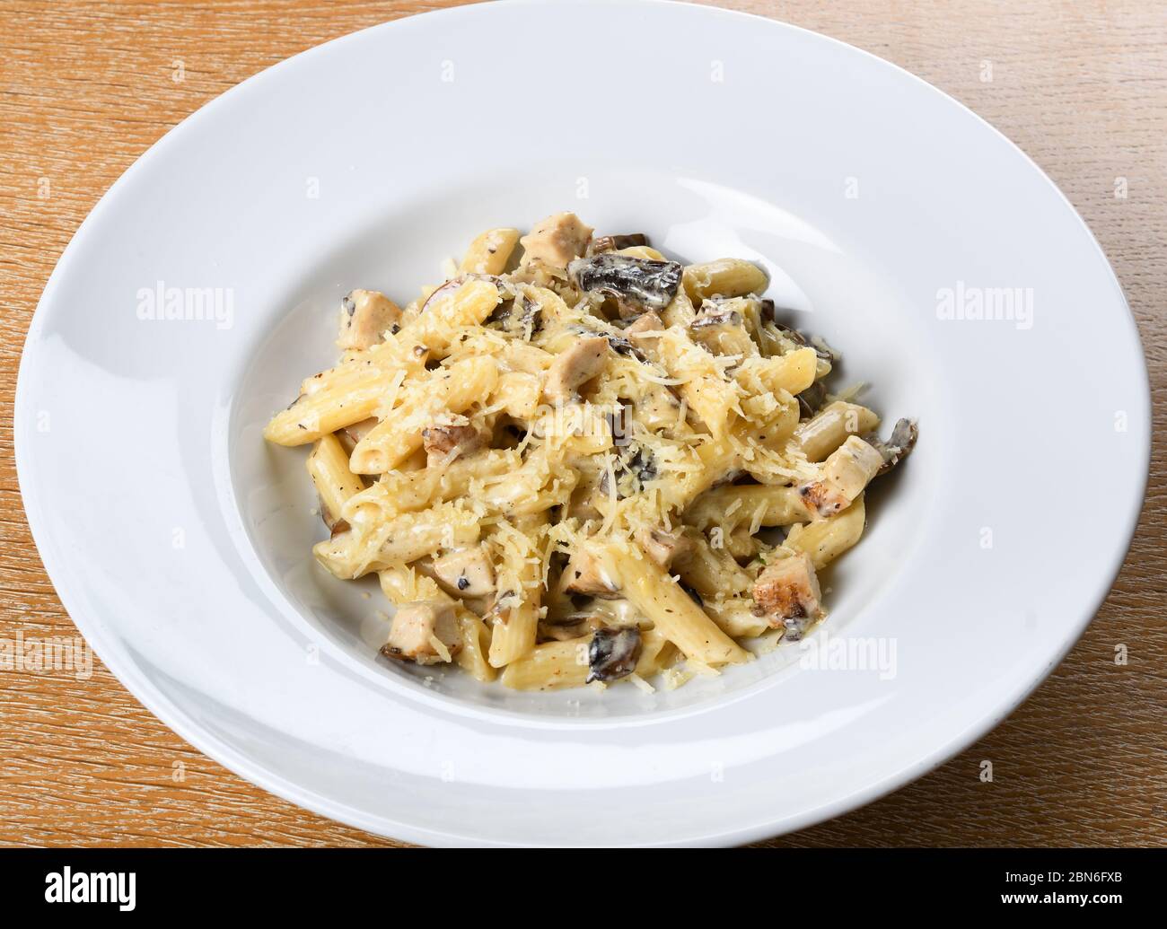 Traditional authentic italian penne al pollo e funghi pasta with mushroom ,chicken and parmesan cheese. Stock Photo