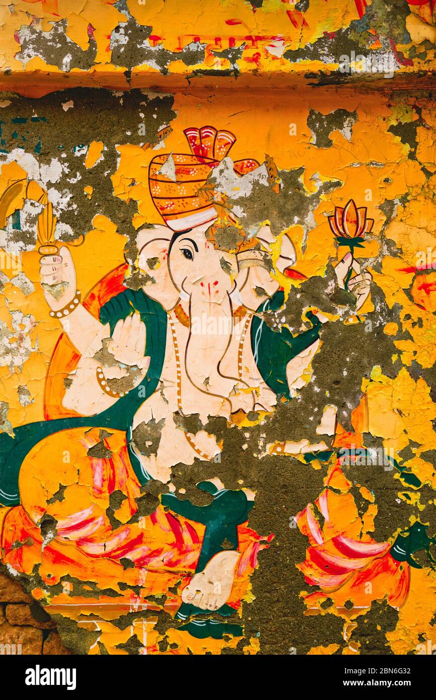 Ganesha Indian Hindu god image painted on wall Stock Photo
