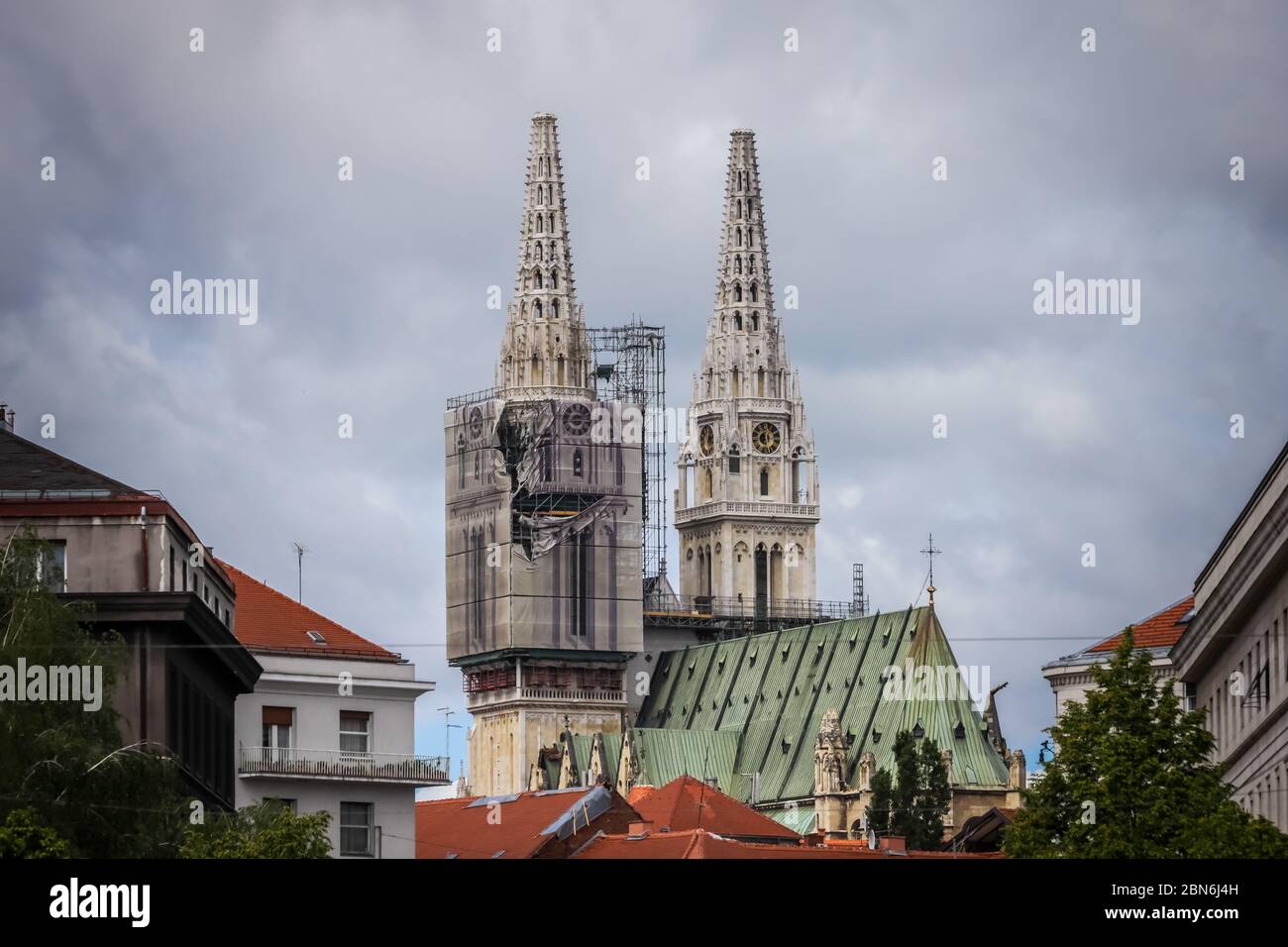 Zagreb, Croatia - 15 April, 2020 : The Zagreb cathedral without both crosses on the top of the towers after earthquake that have damage it in Zagreb, Stock Photo