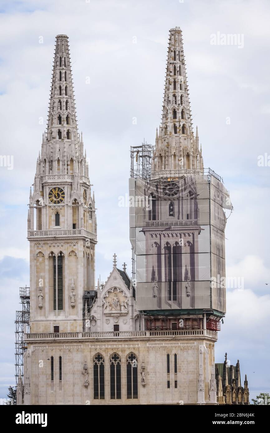 Zagreb, Croatia - 15 April, 2020 : View from upper Town on the Zagreb cathedral without both crosses on the top of the towers after earthquake that ha Stock Photo