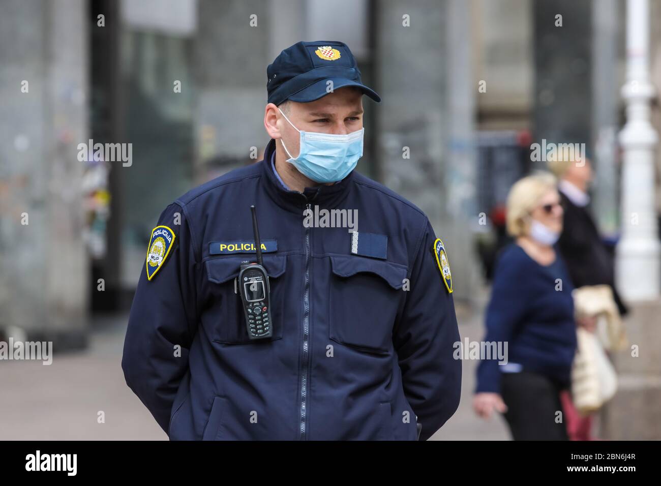 Zagreb, Croatia 01 May, 2020 Policeman wears a protective medicine mask because of