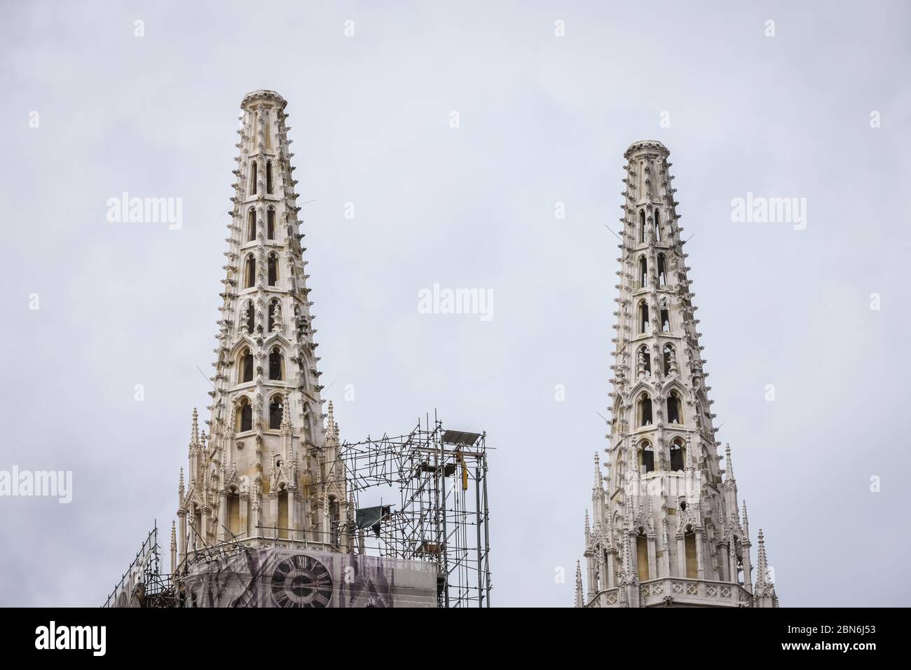 Zagreb, Croatia - 15 April, 2020 : The Zagreb cathedral without both crosses on the top of the towers after earthquake that have damage it in Zagreb, Stock Photo