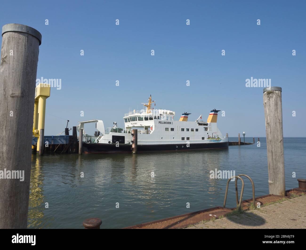 Passenger ferry in the harbour of Strucklahnungshörn, Nordstrand, Schleswig-Holstein, Germany for one of the many picturesque Wattenmeer islands Stock Photo
