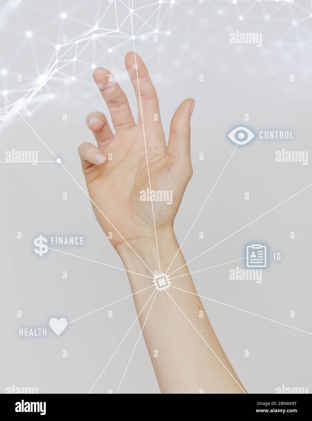 Human Chipping, Multipassport, Identification, Digitalization and Vaccination Concept. Hand With Implanted Chip Containing Information About Finances, Stock Photo
