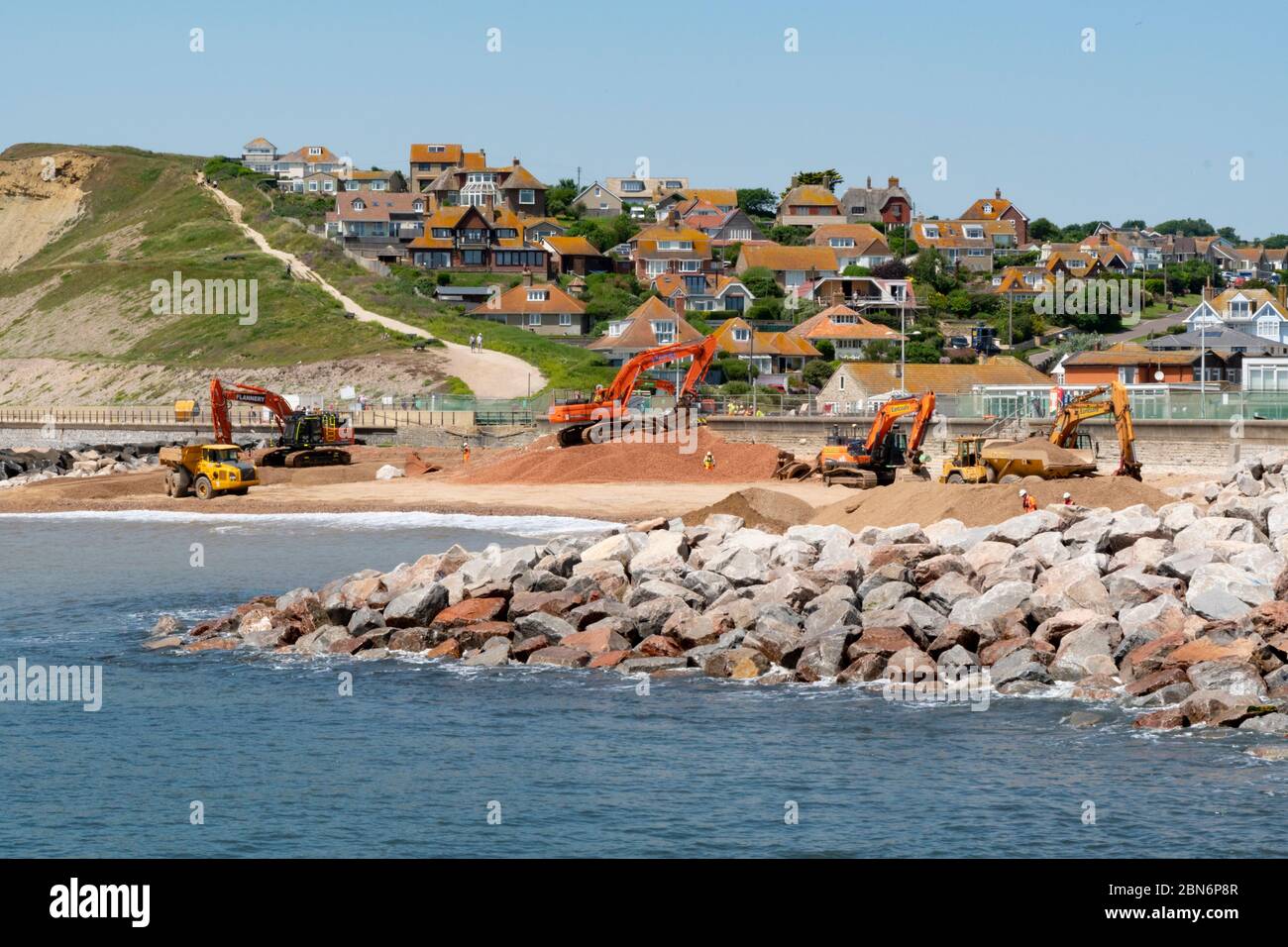 Vital sea defence work to protect West Bay, Dorset, UK, from flooding Stock Photo