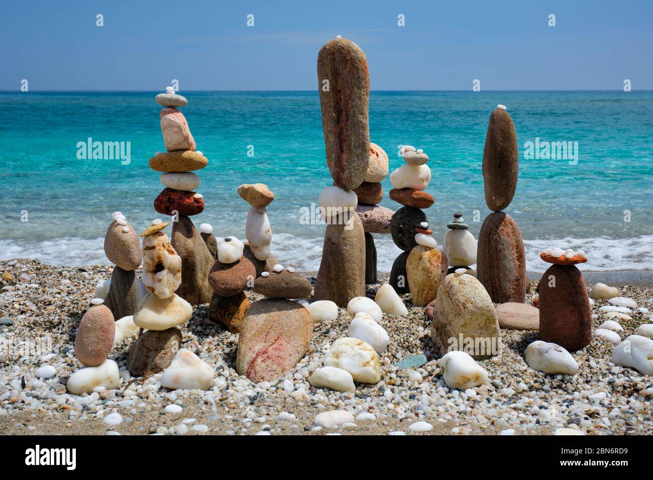 Concept of balance and harmony - pebble stone stacks on the beach Stock Photo