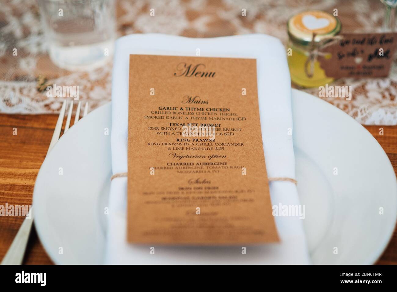 A menu set out for the wedding breakfast at a traditional english wedding. Wedding catering Stock Photo
