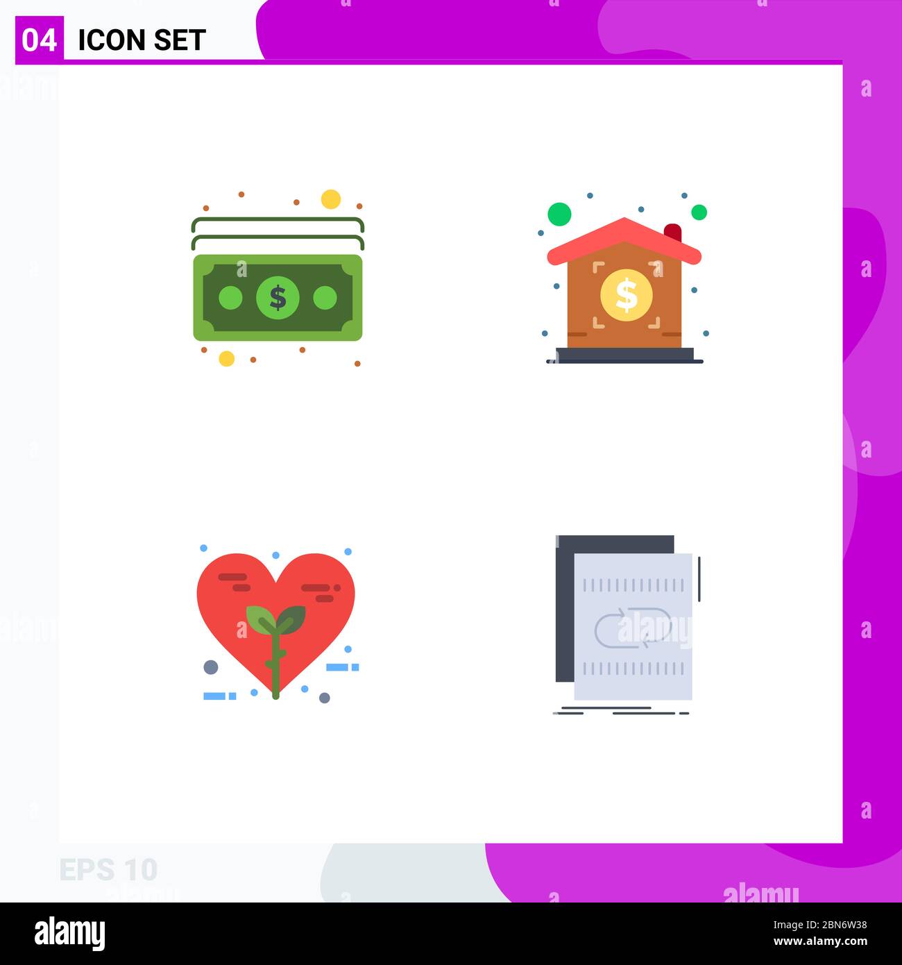 Pack of 4 creative Flat Icons of cash, heart, payment, property, nature Editable Vector Design Elements Stock Vector