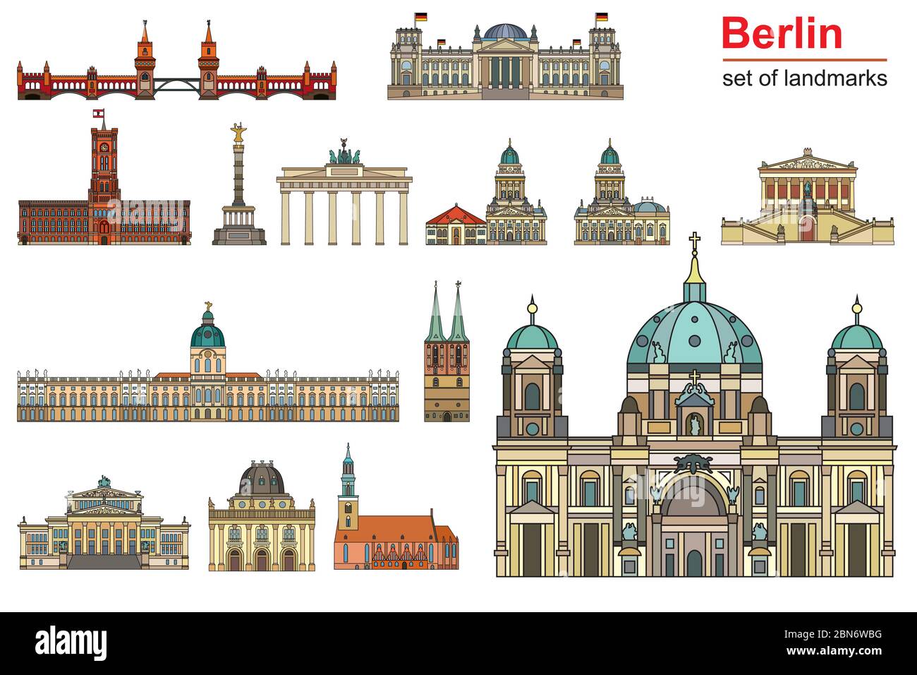 Colorful vector set of landmarks of Berlin, Germany in  line art style. Flat vector colorful illustration of attractions of Berlin front view isolated Stock Vector